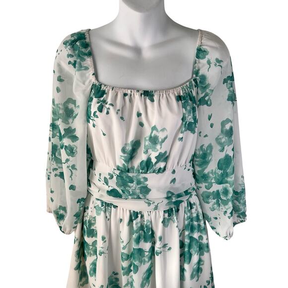 Fit & Flare Milkmaid Dress XL Green White Lantern Sleeves Ruffle Stretch Waist - Picture 16 of 16